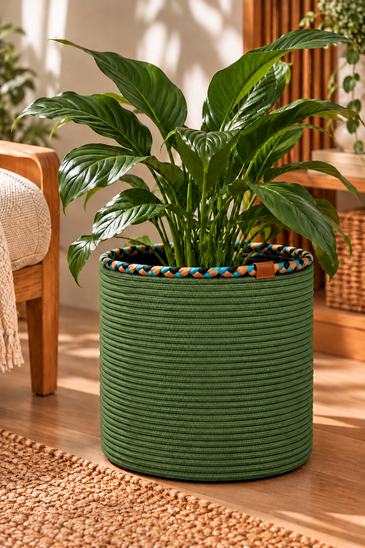 Rosella Dekoratif Örgü Sepet 30x30 cm Yuvarlak Çok Amaçlı Saksılık, Modern Ev Dekorasyonu, Bitki Saksısı Kılıfı, Banyo, Salon ve Yatak Odası İçin Şık Düzenleyici ve Depolama Sepeti - Görsel 36