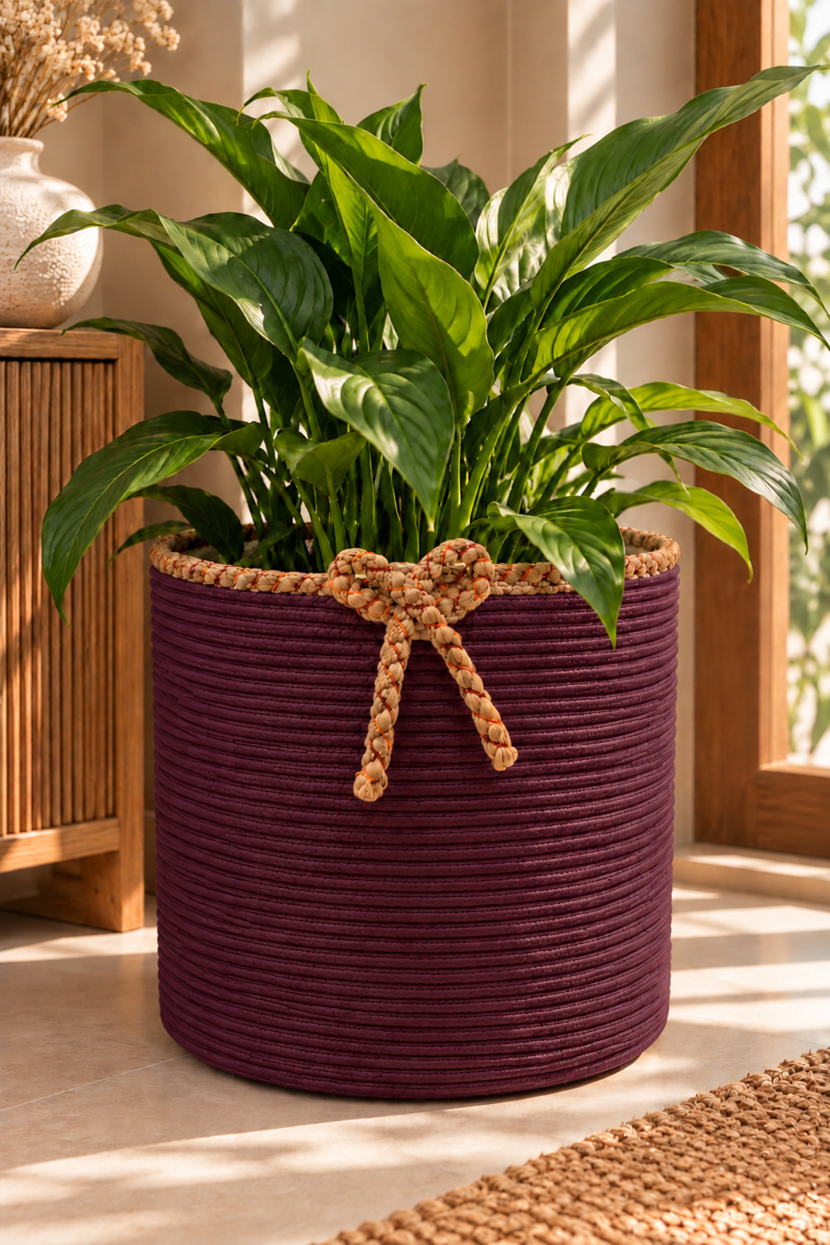 Nevrisa 30x30 cm Çok Amaçlı Dekoratif Örgü Sepet - Saksılık - Saksı Kılıfı - Ev Ofis Banyo Salon Bitki ve Eşya Düzenleyici Organizer