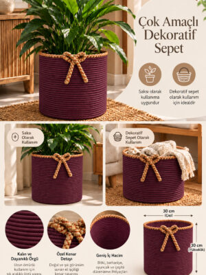 Nevrisa 30x30 cm Çok Amaçlı Dekoratif Örgü Sepet - Saksılık - Saksı Kılıfı - Ev Ofis Banyo Salon Bitki ve Eşya Düzenleyici Organizer - Görsel 3