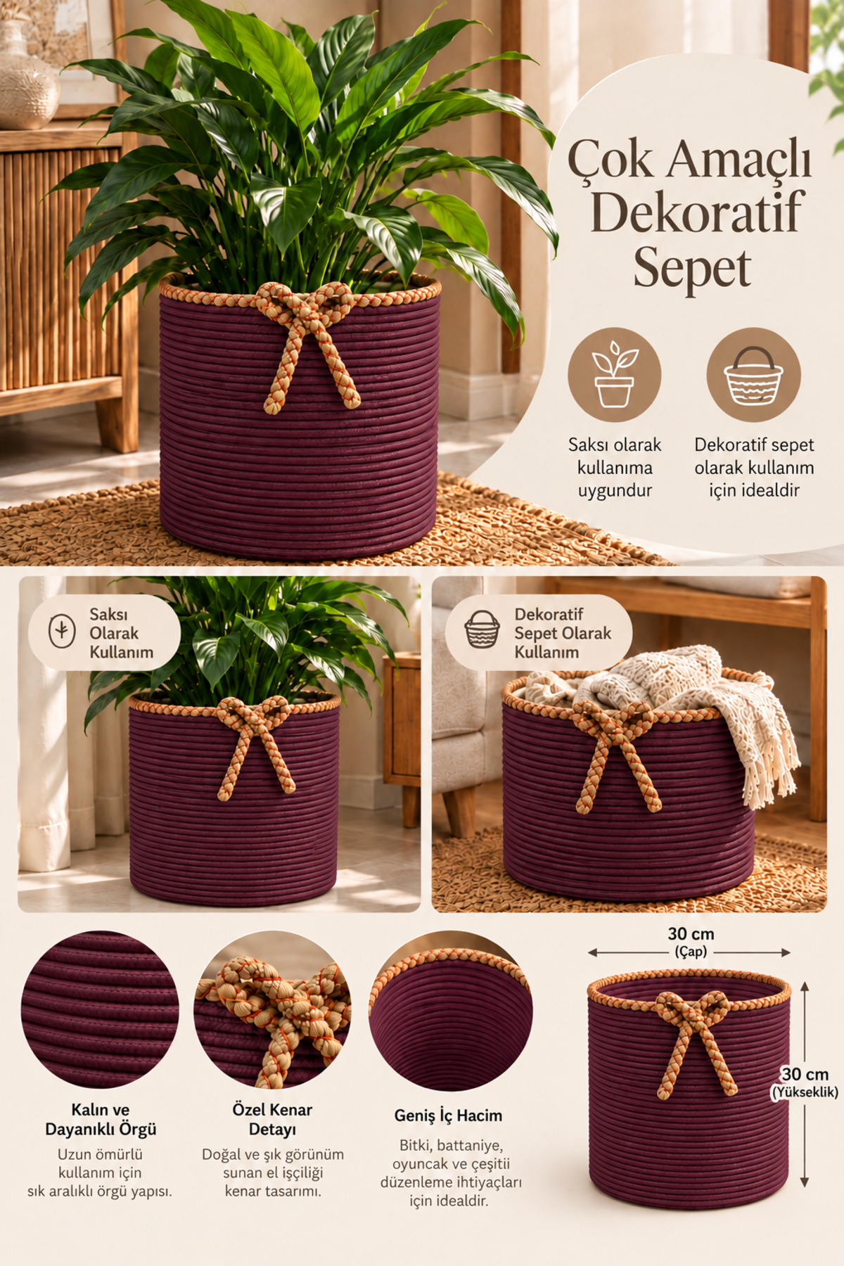 Nevrisa 30x30 cm Çok Amaçlı Dekoratif Örgü Sepet - Saksılık - Saksı Kılıfı - Ev Ofis Banyo Salon Bitki ve Eşya Düzenleyici Organizer - Görsel 3