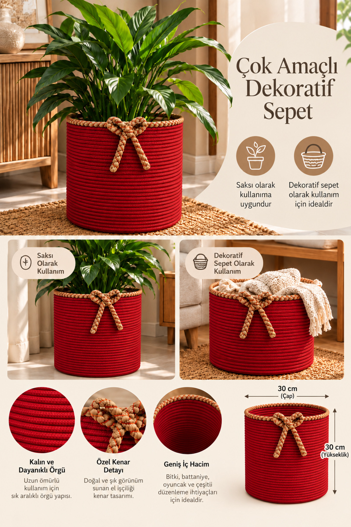 Nevrisa 30x30 cm Çok Amaçlı Dekoratif Örgü Sepet - Saksılık - Saksı Kılıfı - Ev Ofis Banyo Salon Bitki ve Eşya Düzenleyici Organizer - Görsel 7