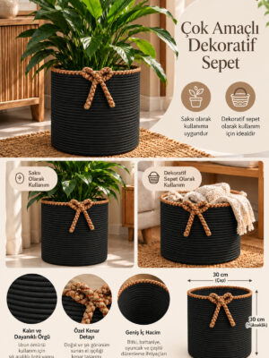 Nevrisa 30x30 cm Çok Amaçlı Dekoratif Örgü Sepet - Saksılık - Saksı Kılıfı - Ev Ofis Banyo Salon Bitki ve Eşya Düzenleyici Organizer - Görsel 11