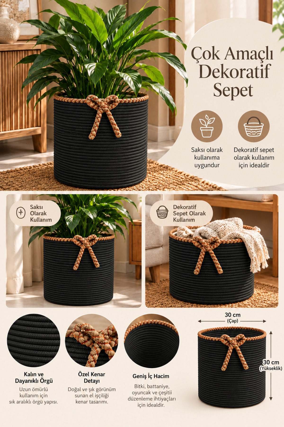 Nevrisa 30x30 cm Çok Amaçlı Dekoratif Örgü Sepet - Saksılık - Saksı Kılıfı - Ev Ofis Banyo Salon Bitki ve Eşya Düzenleyici Organizer - Görsel 11