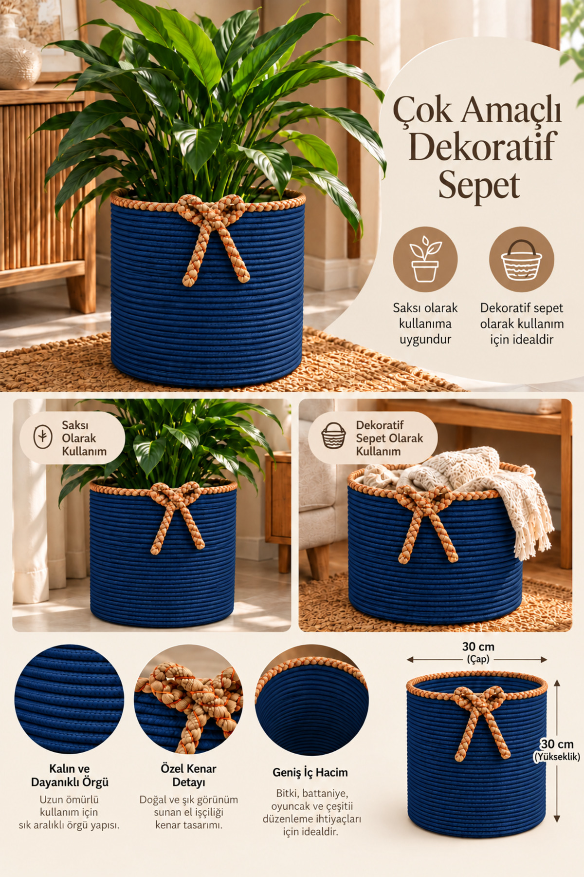 Nevrisa 30x30 cm Çok Amaçlı Dekoratif Örgü Sepet - Saksılık - Saksı Kılıfı - Ev Ofis Banyo Salon Bitki ve Eşya Düzenleyici Organizer - Görsel 16