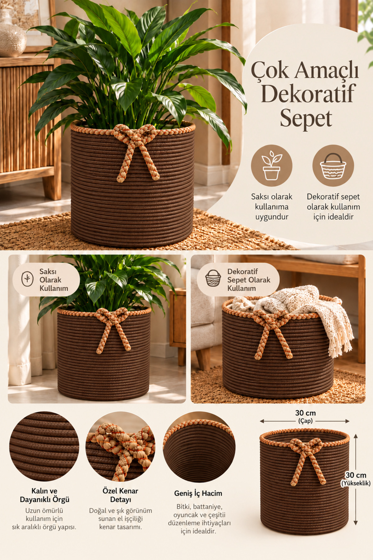 Nevrisa 30x30 cm Çok Amaçlı Dekoratif Örgü Sepet - Saksılık - Saksı Kılıfı - Ev Ofis Banyo Salon Bitki ve Eşya Düzenleyici Organizer - Görsel 20