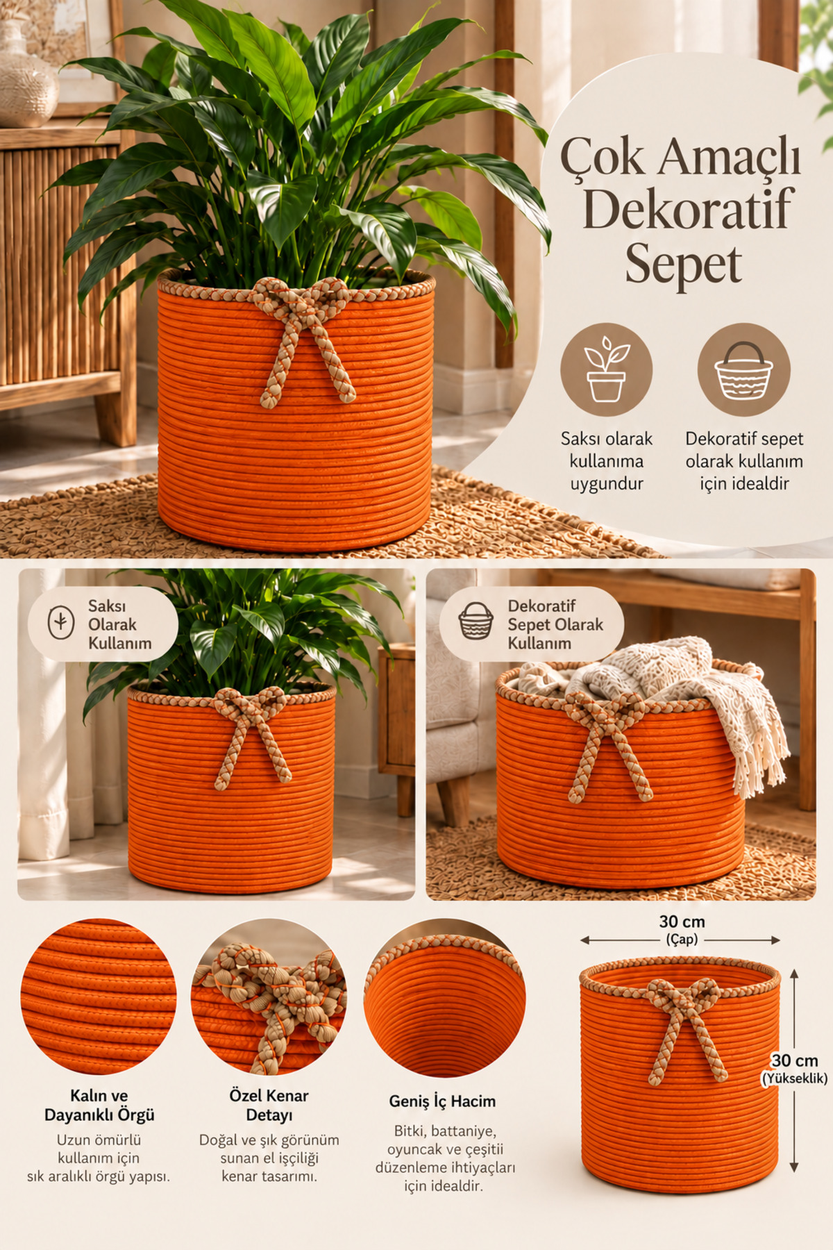 Nevrisa 30x30 cm Çok Amaçlı Dekoratif Örgü Sepet - Saksılık - Saksı Kılıfı - Ev Ofis Banyo Salon Bitki ve Eşya Düzenleyici Organizer - Görsel 24