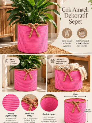 Nevrisa 30x30 cm Çok Amaçlı Dekoratif Örgü Sepet - Saksılık - Saksı Kılıfı - Ev Ofis Banyo Salon Bitki ve Eşya Düzenleyici Organizer - Görsel 28