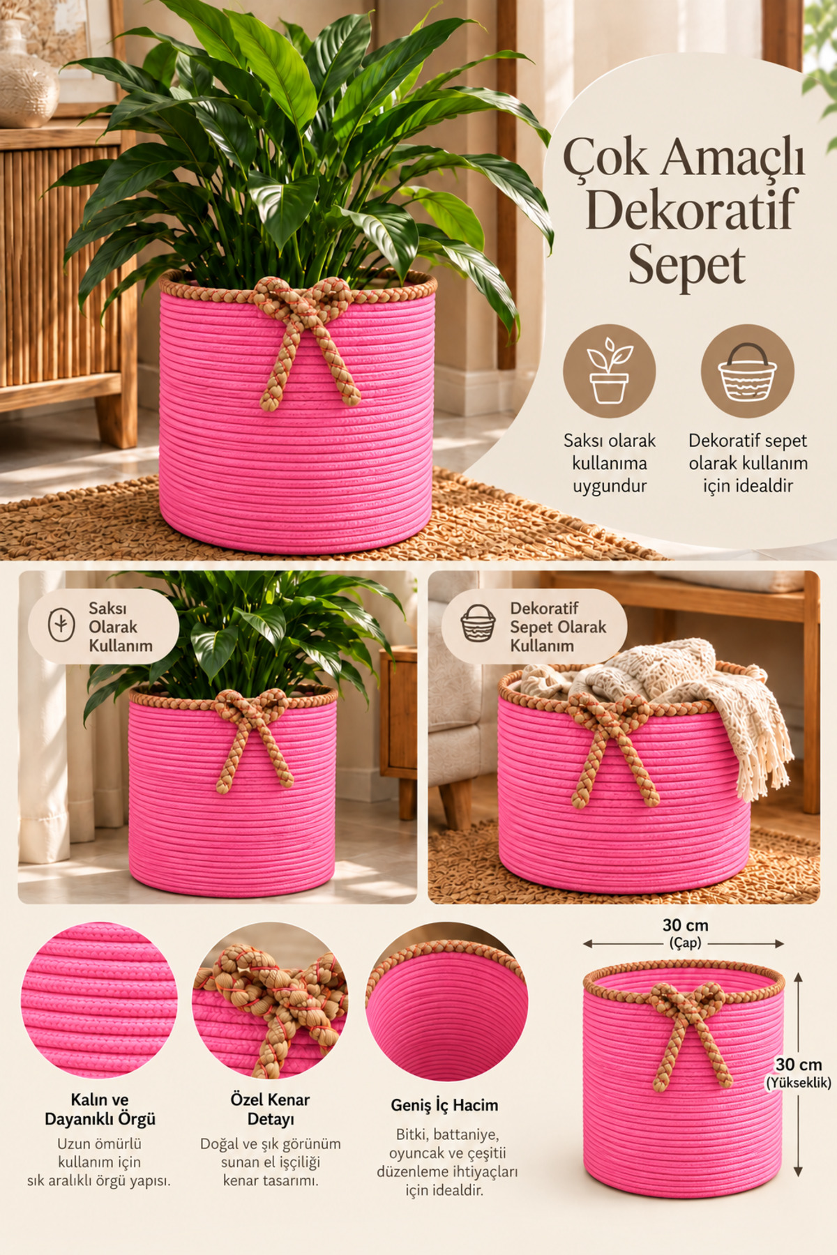 Nevrisa 30x30 cm Çok Amaçlı Dekoratif Örgü Sepet - Saksılık - Saksı Kılıfı - Ev Ofis Banyo Salon Bitki ve Eşya Düzenleyici Organizer - Görsel 28