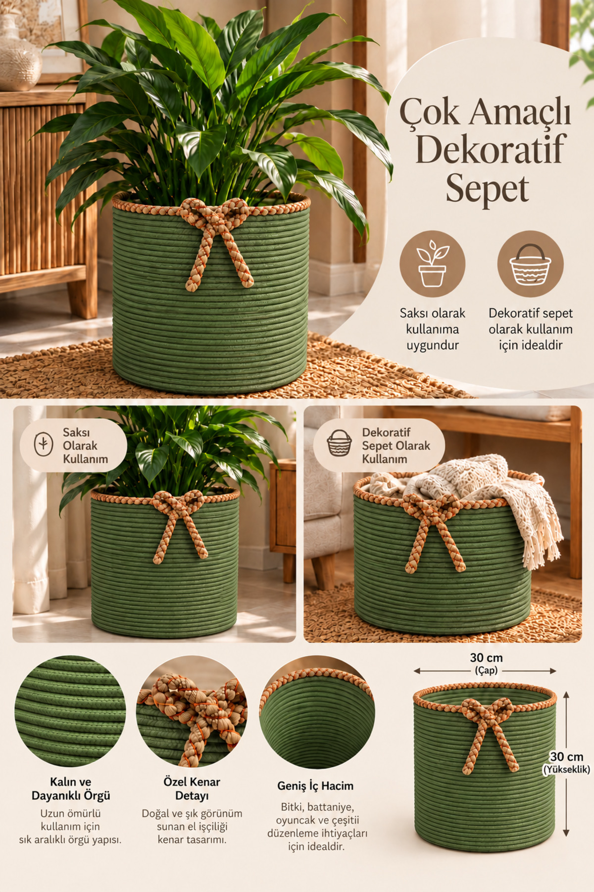 Nevrisa 30x30 cm Çok Amaçlı Dekoratif Örgü Sepet - Saksılık - Saksı Kılıfı - Ev Ofis Banyo Salon Bitki ve Eşya Düzenleyici Organizer - Görsel 32