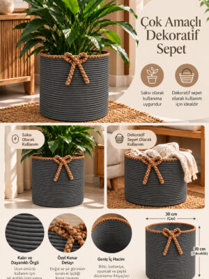 Nevrisa 30x30 cm Çok Amaçlı Dekoratif Örgü Sepet - Saksılık - Saksı Kılıfı - Ev Ofis Banyo Salon Bitki ve Eşya Düzenleyici Organizer - Görsel 36