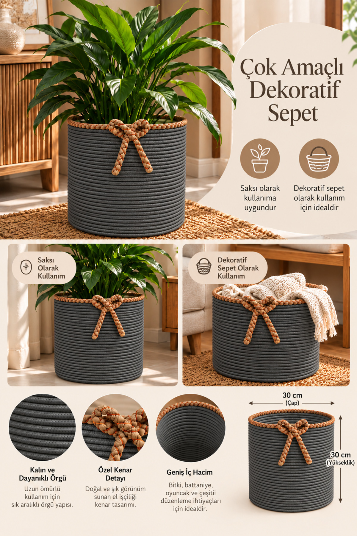 Nevrisa 30x30 cm Çok Amaçlı Dekoratif Örgü Sepet - Saksılık - Saksı Kılıfı - Ev Ofis Banyo Salon Bitki ve Eşya Düzenleyici Organizer - Görsel 36