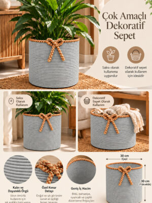 Nevrisa 30x30 cm Çok Amaçlı Dekoratif Örgü Sepet - Saksılık - Saksı Kılıfı - Ev Ofis Banyo Salon Bitki ve Eşya Düzenleyici Organizer - Görsel 41