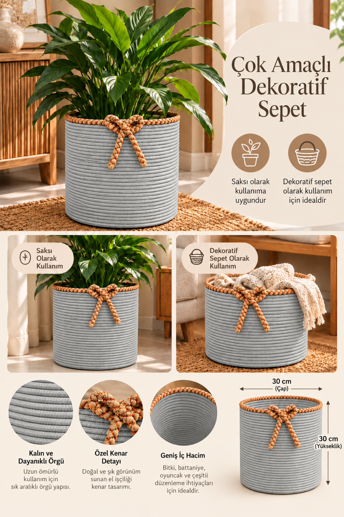 Nevrisa 30x30 cm Çok Amaçlı Dekoratif Örgü Sepet - Saksılık - Saksı Kılıfı - Ev Ofis Banyo Salon Bitki ve Eşya Düzenleyici Organizer - Görsel 41