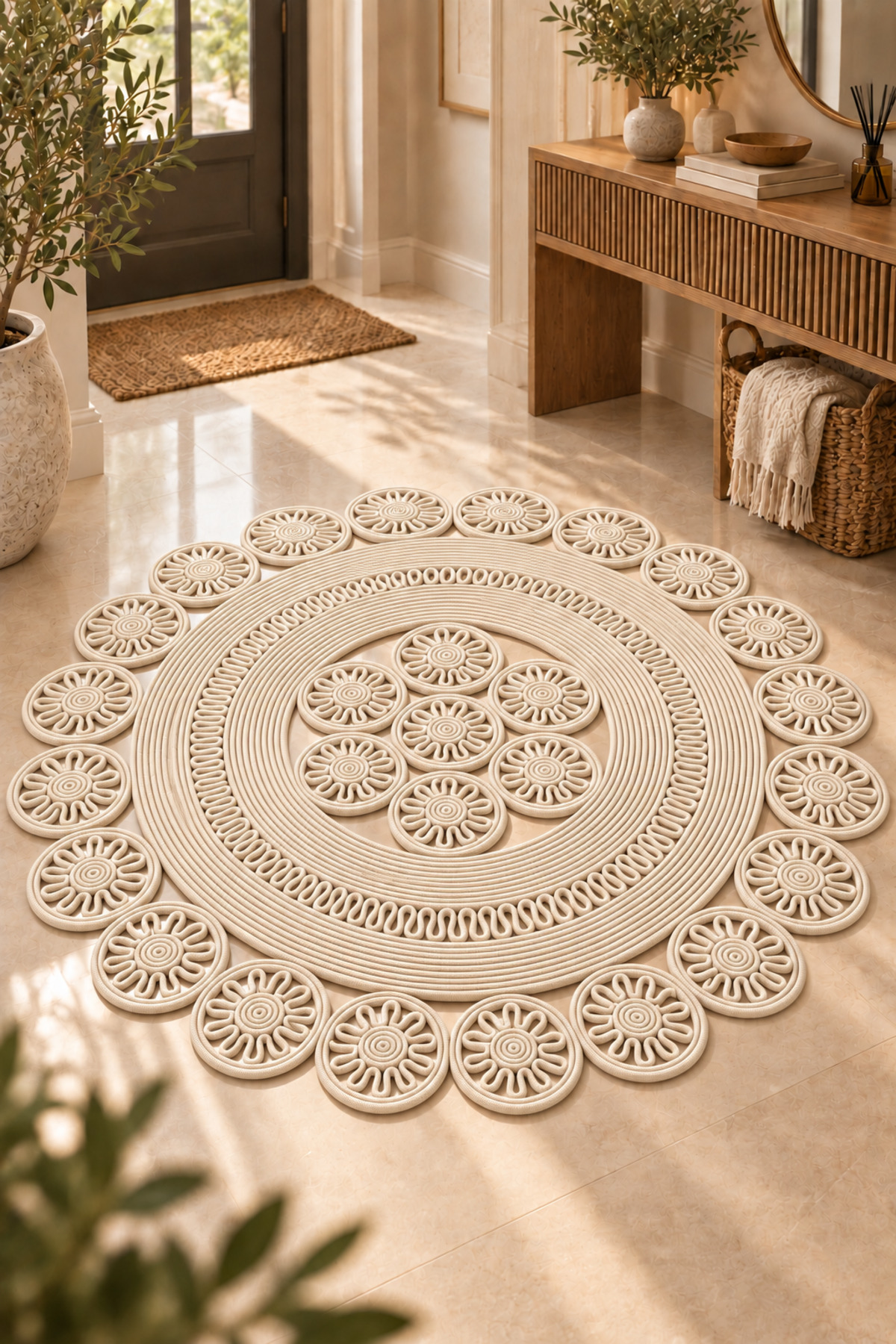 Velmira Hasır Jüt El İşçiliği Yuvarlak Kilim Halat Kilim – Dekoratif Örgü Motifli, Modern Bohem Tasarım, Salon, Oturma Odası, Antre, Yatak Odası ve Ev Dekorasyonu İçin Şık Kilim - Görsel 18