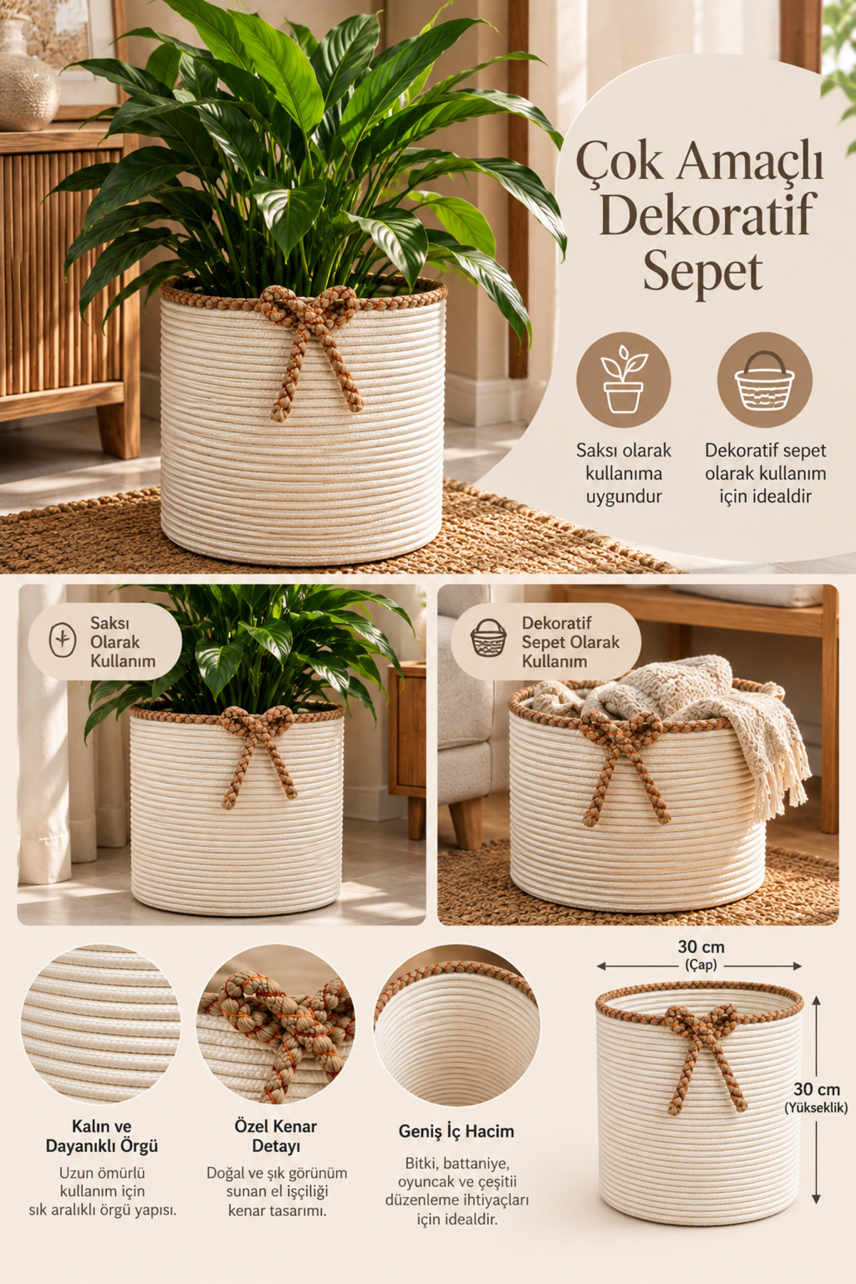 Nevrisa 30x30 cm Çok Amaçlı Dekoratif Örgü Sepet - Saksılık - Saksı Kılıfı - Ev Ofis Banyo Salon Bitki ve Eşya Düzenleyici Organizer - Görsel 45