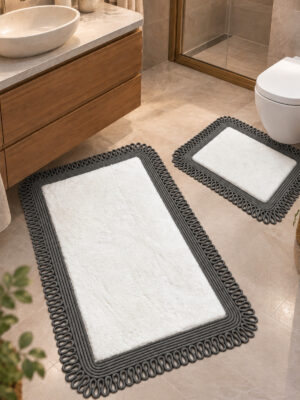 Melissa Trikot Kenar 2'li Banyo Paspas Seti Hasır Jüt Tres Halat ,Peluş Tüylü Kaymaz Paspas Örgü Kenarlı Dekoratif Banyo Halısı 70x110 cm + 50x70 cm - Görsel 3