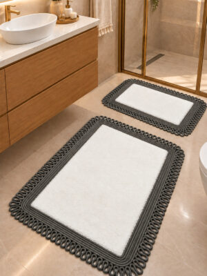 Melissa Trikot Kenar 2'li Banyo Paspas Seti Hasır Jüt Tres Halat ,Peluş Tüylü Kaymaz Paspas Örgü Kenarlı Dekoratif Banyo Halısı 70x110 cm + 50x70 cm - Görsel 4