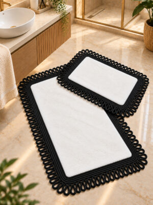 Melissa Trikot Kenar 2'li Banyo Paspas Seti Hasır Jüt Tres Halat ,Peluş Tüylü Kaymaz Paspas Örgü Kenarlı Dekoratif Banyo Halısı 70x110 cm + 50x70 cm - Görsel 5