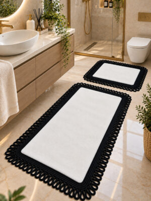 Melissa Trikot Kenar 2'li Banyo Paspas Seti Hasır Jüt Tres Halat ,Peluş Tüylü Kaymaz Paspas Örgü Kenarlı Dekoratif Banyo Halısı 70x110 cm + 50x70 cm - Görsel 7