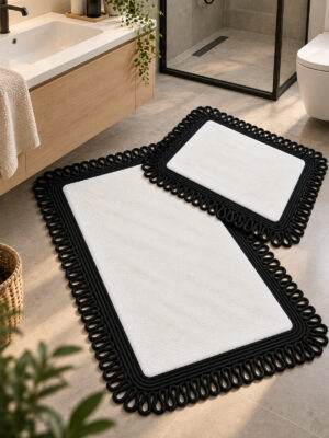 Melissa Trikot Kenar 2'li Banyo Paspas Seti Hasır Jüt Tres Halat ,Peluş Tüylü Kaymaz Paspas Örgü Kenarlı Dekoratif Banyo Halısı 70x110 cm + 50x70 cm - Görsel 8