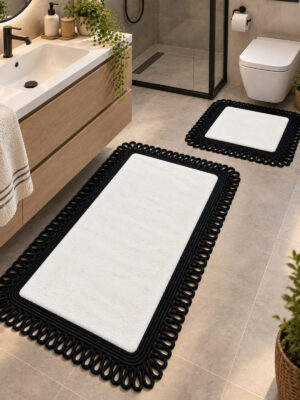 Melissa Trikot Kenar 2'li Banyo Paspas Seti Hasır Jüt Tres Halat ,Peluş Tüylü Kaymaz Paspas Örgü Kenarlı Dekoratif Banyo Halısı 70x110 cm + 50x70 cm - Görsel 9