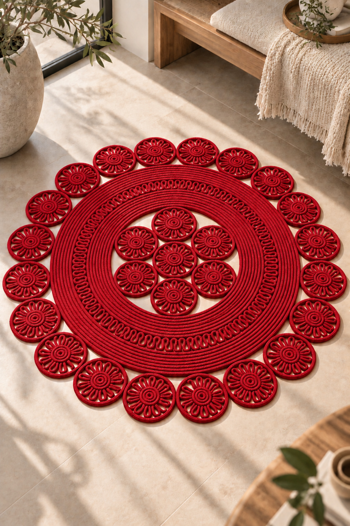 Velmira Hasır Jüt El İşçiliği Yuvarlak Kilim Halat Kilim – Dekoratif Örgü Motifli, Modern Bohem Tasarım, Salon, Oturma Odası, Antre, Yatak Odası ve Ev Dekorasyonu İçin Şık Kilim - Görsel 21