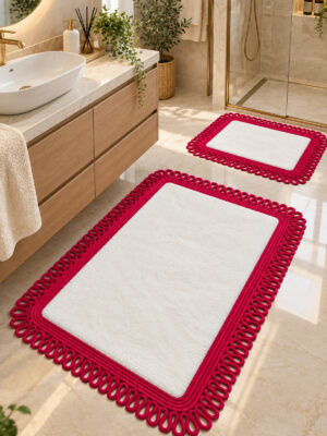 Melissa Trikot Kenar 2'li Banyo Paspas Seti Hasır Jüt Tres Halat ,Peluş Tüylü Kaymaz Paspas Örgü Kenarlı Dekoratif Banyo Halısı 70x110 cm + 50x70 cm - Görsel 10