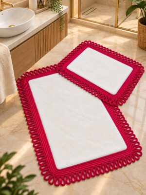 Melissa Trikot Kenar 2'li Banyo Paspas Seti Hasır Jüt Tres Halat ,Peluş Tüylü Kaymaz Paspas Örgü Kenarlı Dekoratif Banyo Halısı 70x110 cm + 50x70 cm - Görsel 13