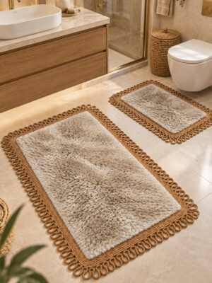 Melissa Trikot Kenar 2'li Banyo Paspas Seti Hasır Jüt Tres Halat ,Peluş Tüylü Kaymaz Paspas Örgü Kenarlı Dekoratif Banyo Halısı 70x110 cm + 50x70 cm - Görsel 25