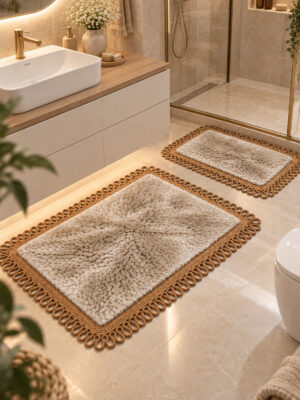 Melissa Trikot Kenar 2'li Banyo Paspas Seti Hasır Jüt Tres Halat ,Peluş Tüylü Kaymaz Paspas Örgü Kenarlı Dekoratif Banyo Halısı 70x110 cm + 50x70 cm - Görsel 27