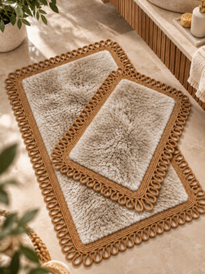 Melissa Trikot Kenar 2'li Banyo Paspas Seti Hasır Jüt Tres Halat ,Peluş Tüylü Kaymaz Paspas Örgü Kenarlı Dekoratif Banyo Halısı 70x110 cm + 50x70 cm - Görsel 28
