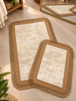 Melissa Trikot Kenar 2'li Banyo Paspas Seti Hasır Jüt Tres Halat ,Peluş Tüylü Kaymaz Paspas Örgü Kenarlı Dekoratif Banyo Halısı 70x110 cm + 50x70 cm - Görsel 30