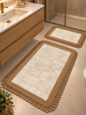 Melissa Trikot Kenar 2'li Banyo Paspas Seti Hasır Jüt Tres Halat ,Peluş Tüylü Kaymaz Paspas Örgü Kenarlı Dekoratif Banyo Halısı 70x110 cm + 50x70 cm - Görsel 32
