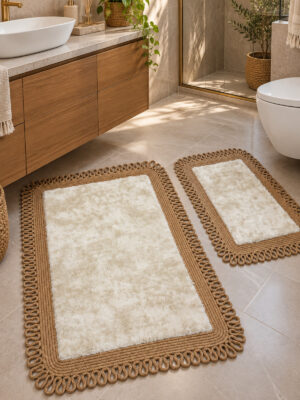 Melissa Trikot Kenar 2'li Banyo Paspas Seti Hasır Jüt Tres Halat ,Peluş Tüylü Kaymaz Paspas Örgü Kenarlı Dekoratif Banyo Halısı 70x110 cm + 50x70 cm - Görsel 33