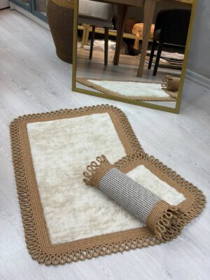 Melissa Trikot Kenar 2'li Banyo Paspas Seti Hasır Jüt Tres Halat ,Peluş Tüylü Kaymaz Paspas Örgü Kenarlı Dekoratif Banyo Halısı 70x110 cm + 50x70 cm - Görsel 36