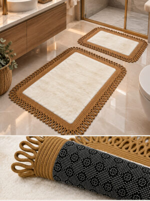 Melissa Trikot Kenar 2'li Banyo Paspas Seti Hasır Jüt Tres Halat ,Peluş Tüylü Kaymaz Paspas Örgü Kenarlı Dekoratif Banyo Halısı 70x110 cm + 50x70 cm - Görsel 44