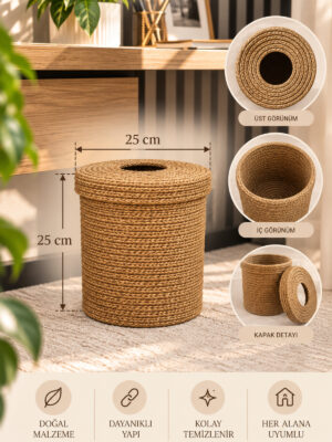 Nessa 25x25 Çöp Kovası, Soğan Saklama Kutusu, Dekoratif Çöp Sepeti, Kapaklı Hasır Sepet, Örgü Sepet, Çok Amaçlı Saklama Sepeti, Mutfak Organizer, Banyo ve Ofis Çöp Kovası, Galoş Sepeti, Patates Sepeti - Görsel 3