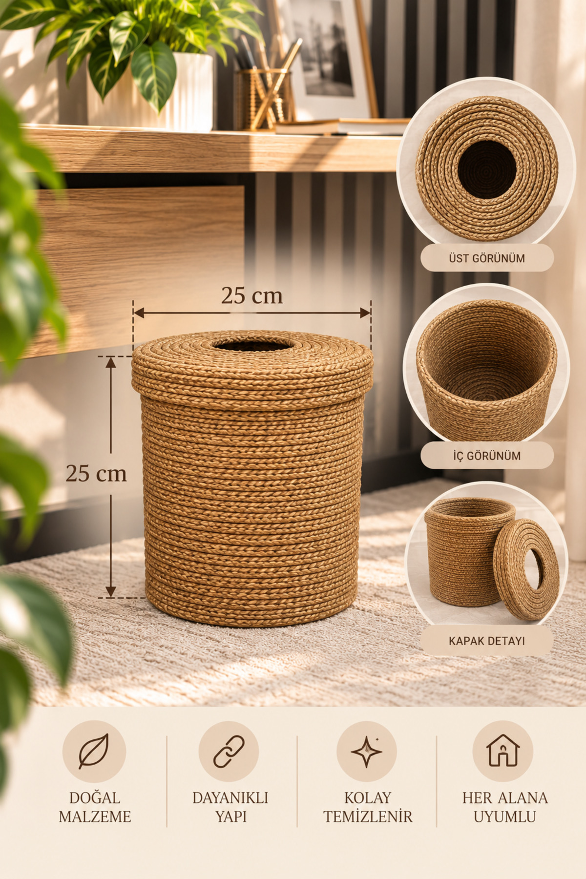 Nessa 25x25 Çöp Kovası, Soğan Saklama Kutusu, Dekoratif Çöp Sepeti, Kapaklı Hasır Sepet, Örgü Sepet, Çok Amaçlı Saklama Sepeti, Mutfak Organizer, Banyo ve Ofis Çöp Kovası, Galoş Sepeti, Patates Sepeti - Görsel 3