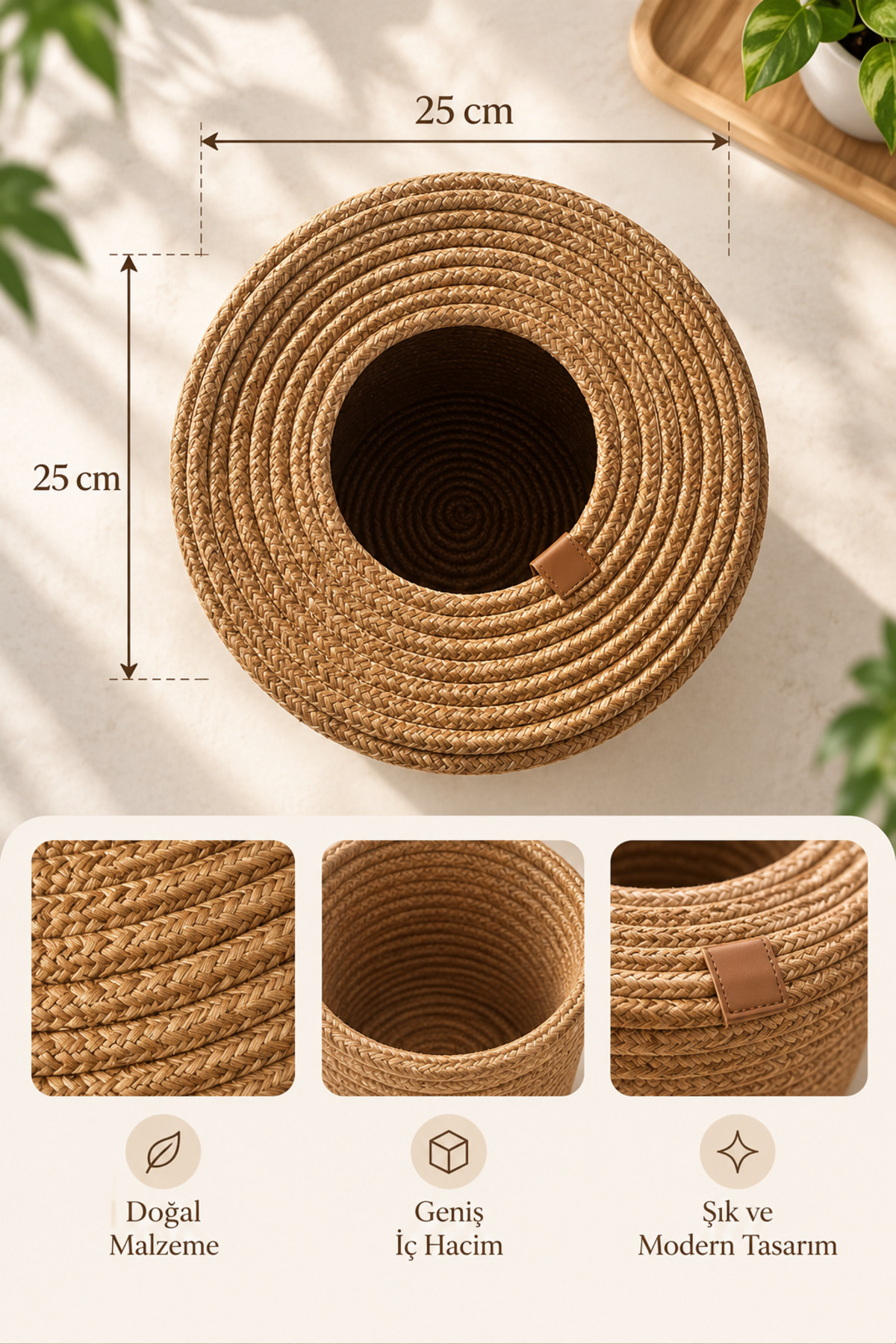 Nessa 25x25 Çöp Kovası, Soğan Saklama Kutusu, Dekoratif Çöp Sepeti, Kapaklı Hasır Sepet, Örgü Sepet, Çok Amaçlı Saklama Sepeti, Mutfak Organizer, Banyo ve Ofis Çöp Kovası, Galoş Sepeti, Patates Sepeti - Görsel 5