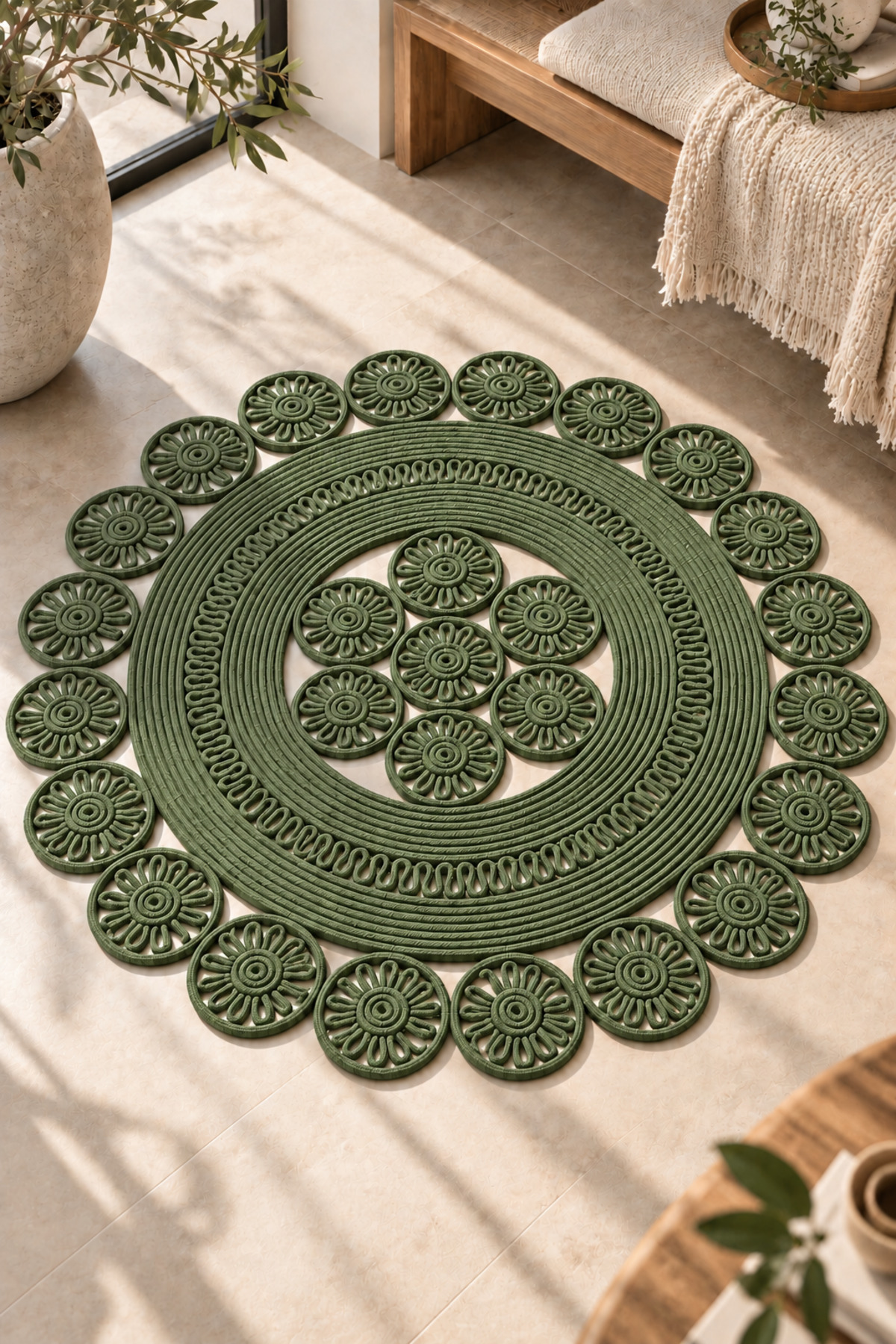 Velmira Hasır Jüt El İşçiliği Yuvarlak Kilim Halat Kilim – Dekoratif Örgü Motifli, Modern Bohem Tasarım, Salon, Oturma Odası, Antre, Yatak Odası ve Ev Dekorasyonu İçin Şık Kilim