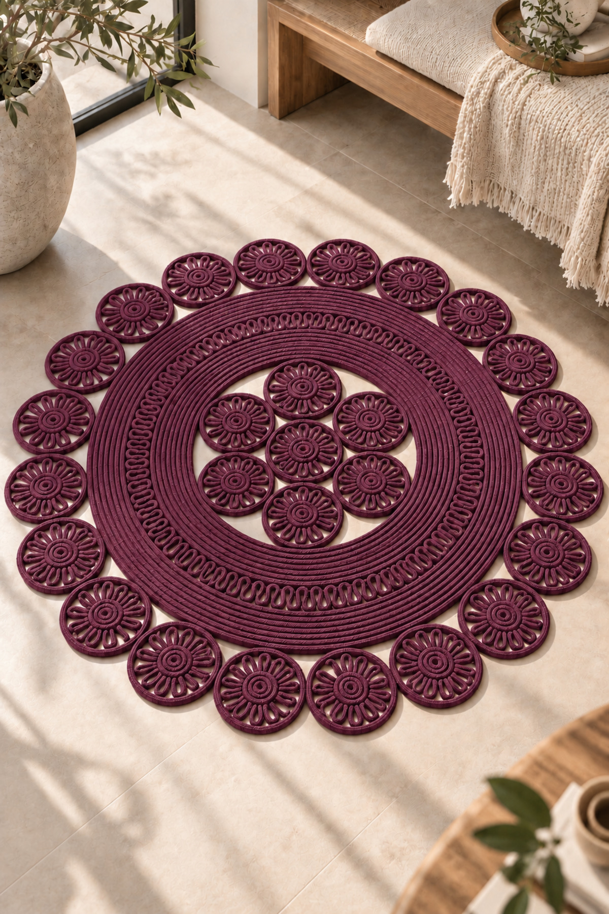 Velmira Hasır Jüt El İşçiliği Yuvarlak Kilim Halat Kilim – Dekoratif Örgü Motifli, Modern Bohem Tasarım, Salon, Oturma Odası, Antre, Yatak Odası ve Ev Dekorasyonu İçin Şık Kilim - Görsel 31