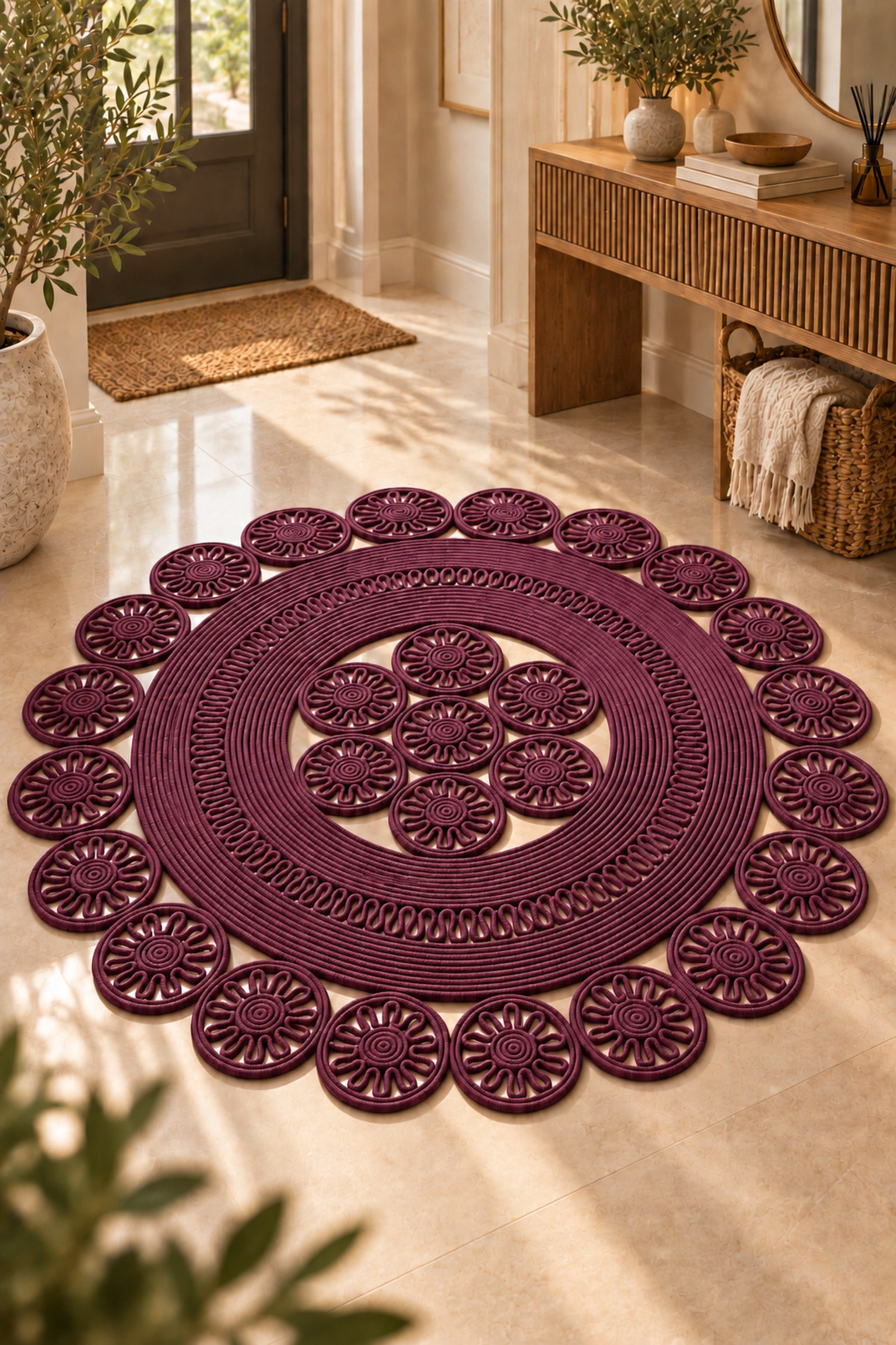 Velmira Hasır Jüt El İşçiliği Yuvarlak Kilim Halat Kilim – Dekoratif Örgü Motifli, Modern Bohem Tasarım, Salon, Oturma Odası, Antre, Yatak Odası ve Ev Dekorasyonu İçin Şık Kilim - Görsel 33