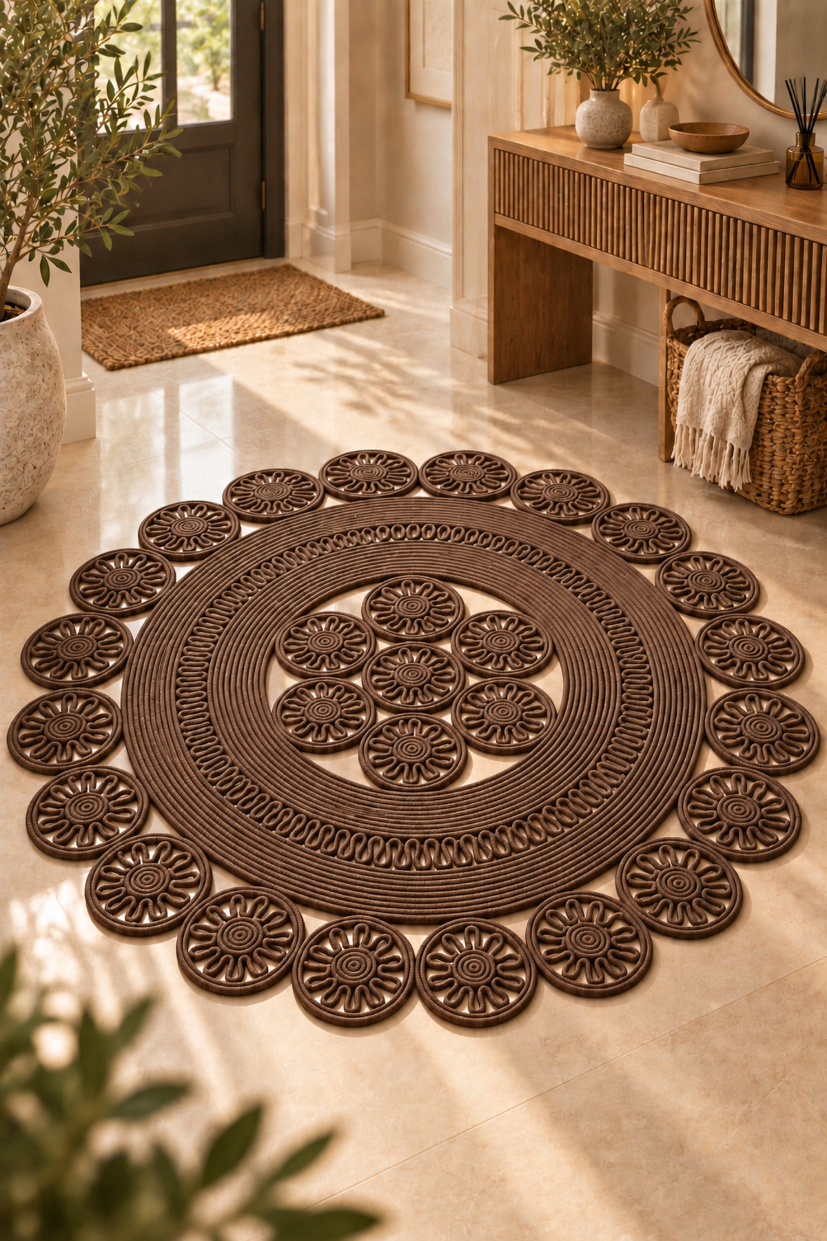 Velmira Hasır Jüt El İşçiliği Yuvarlak Kilim Halat Kilim – Dekoratif Örgü Motifli, Modern Bohem Tasarım, Salon, Oturma Odası, Antre, Yatak Odası ve Ev Dekorasyonu İçin Şık Kilim - Görsel 38