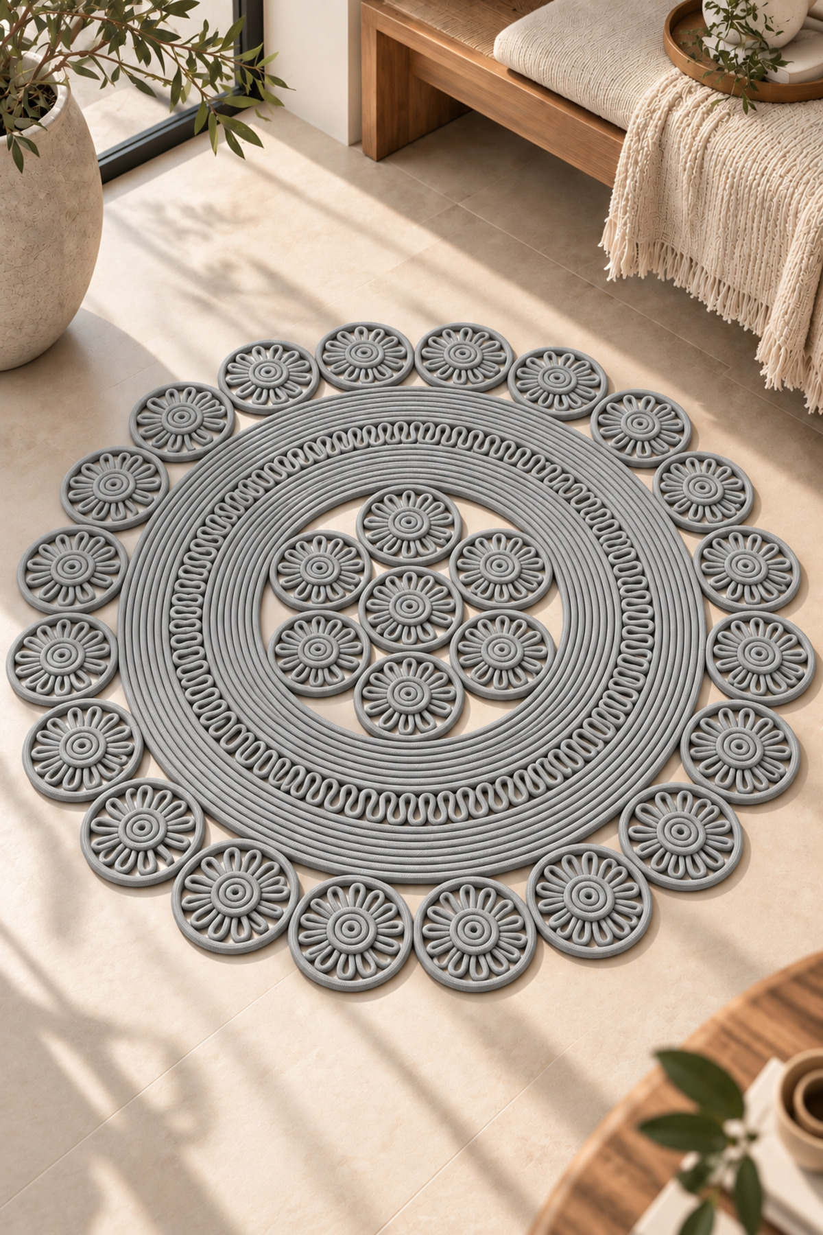 Velmira Hasır Jüt El İşçiliği Yuvarlak Kilim Halat Kilim – Dekoratif Örgü Motifli, Modern Bohem Tasarım, Salon, Oturma Odası, Antre, Yatak Odası ve Ev Dekorasyonu İçin Şık Kilim - Görsel 46