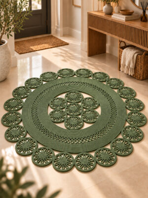 Velmira Hasır Jüt El İşçiliği Yuvarlak Kilim Halat Kilim – Dekoratif Örgü Motifli, Modern Bohem Tasarım, Salon, Oturma Odası, Antre, Yatak Odası ve Ev Dekorasyonu İçin Şık Kilim - Görsel 3