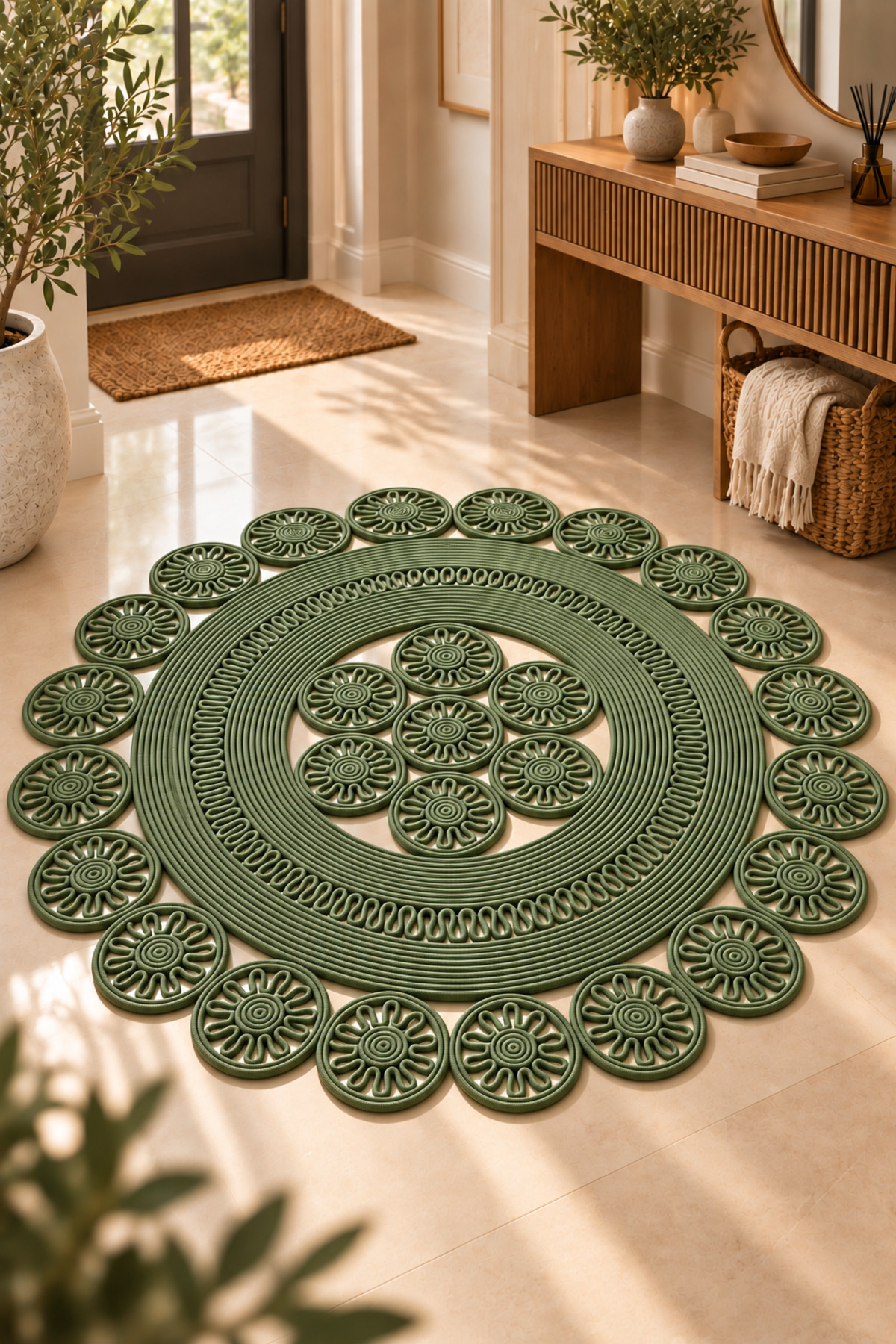 Velmira Hasır Jüt El İşçiliği Yuvarlak Kilim Halat Kilim – Dekoratif Örgü Motifli, Modern Bohem Tasarım, Salon, Oturma Odası, Antre, Yatak Odası ve Ev Dekorasyonu İçin Şık Kilim - Görsel 3