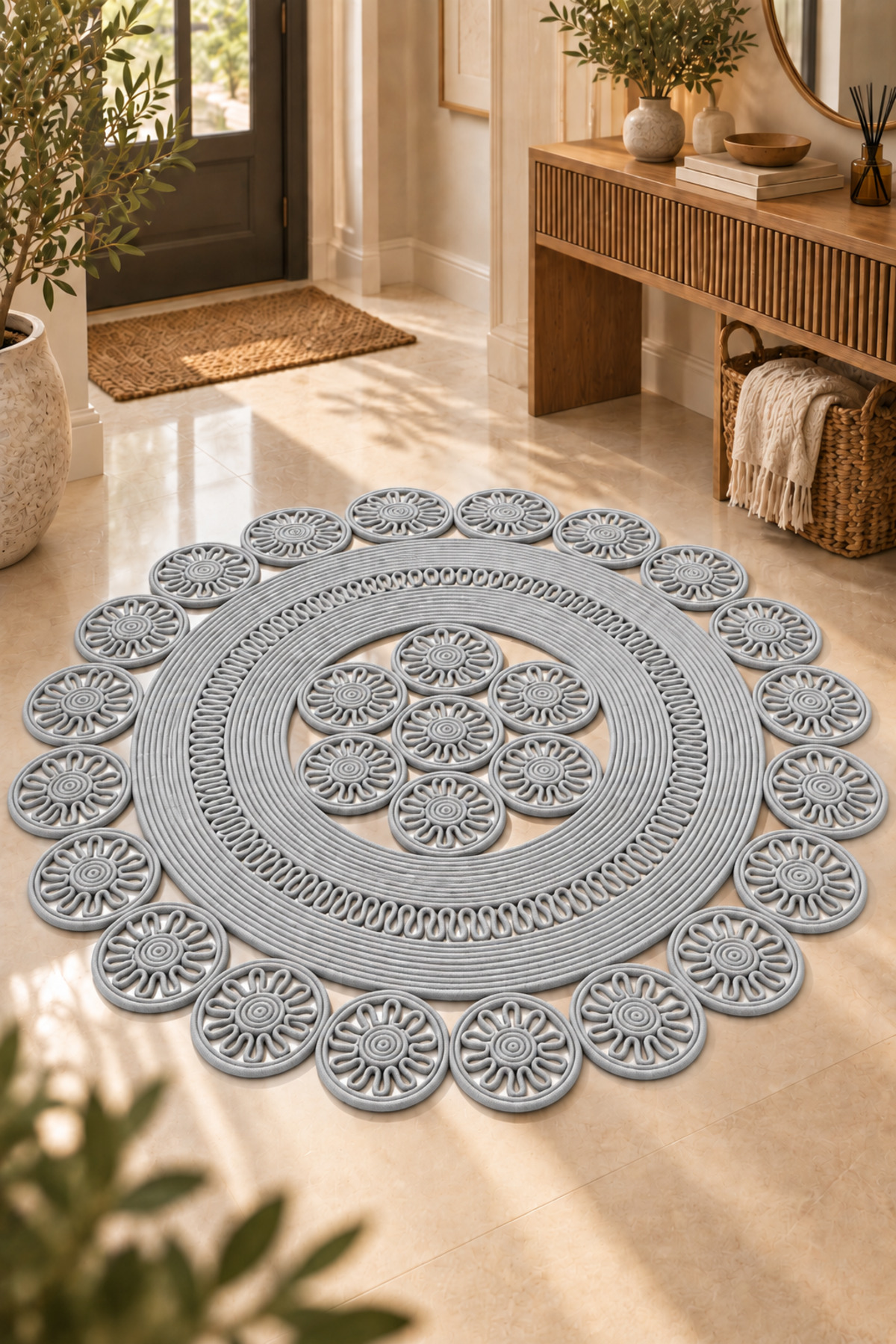 Velmira Hasır Jüt El İşçiliği Yuvarlak Kilim Halat Kilim – Dekoratif Örgü Motifli, Modern Bohem Tasarım, Salon, Oturma Odası, Antre, Yatak Odası ve Ev Dekorasyonu İçin Şık Kilim - Görsel 48