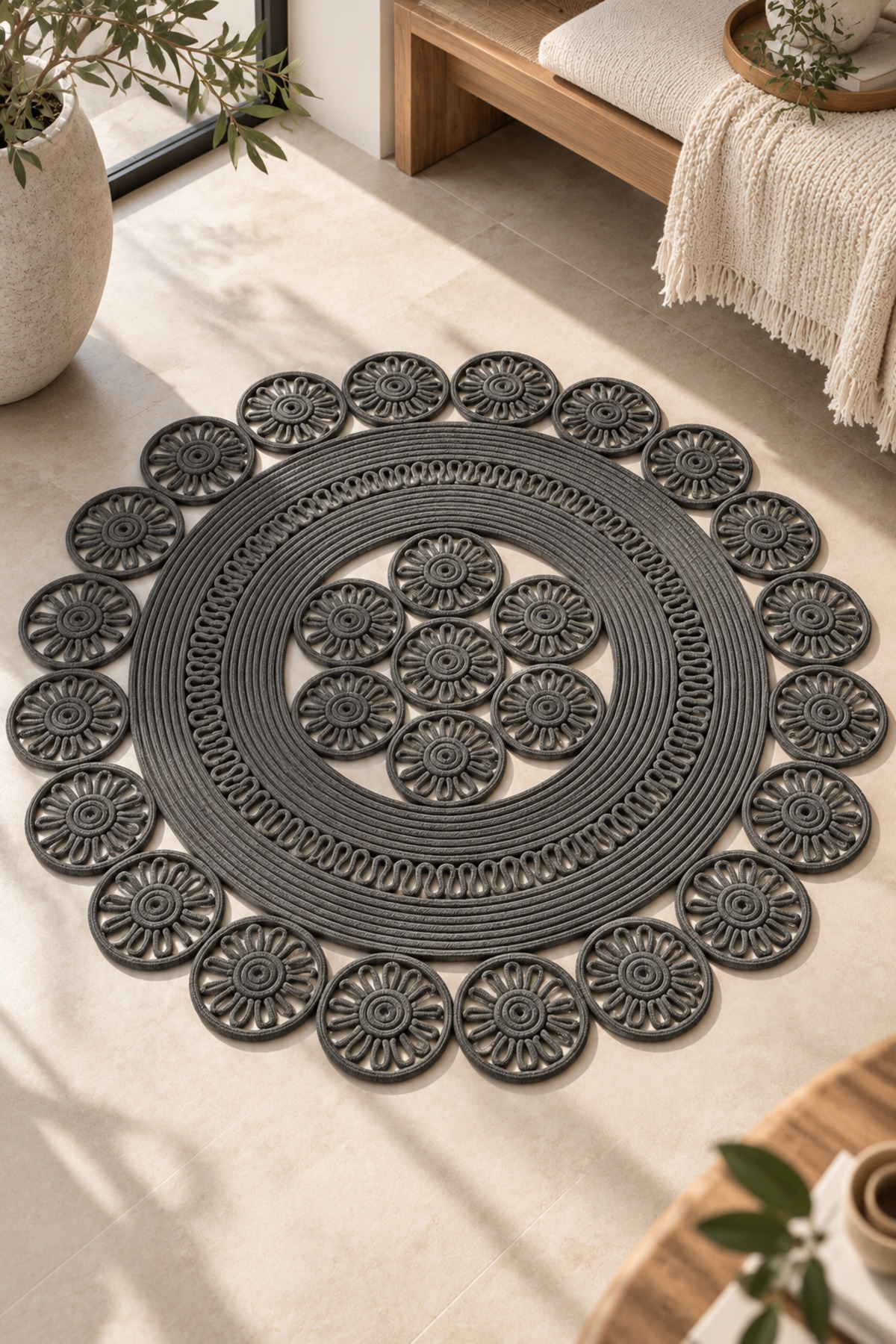 Velmira Hasır Jüt El İşçiliği Yuvarlak Kilim Halat Kilim – Dekoratif Örgü Motifli, Modern Bohem Tasarım, Salon, Oturma Odası, Antre, Yatak Odası ve Ev Dekorasyonu İçin Şık Kilim - Görsel 51