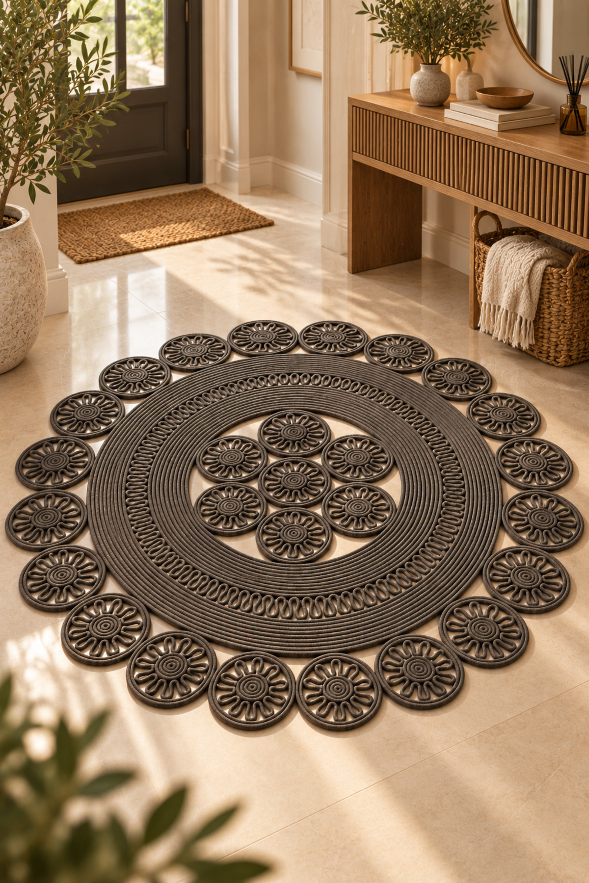 Velmira Hasır Jüt El İşçiliği Yuvarlak Kilim Halat Kilim – Dekoratif Örgü Motifli, Modern Bohem Tasarım, Salon, Oturma Odası, Antre, Yatak Odası ve Ev Dekorasyonu İçin Şık Kilim - Görsel 53