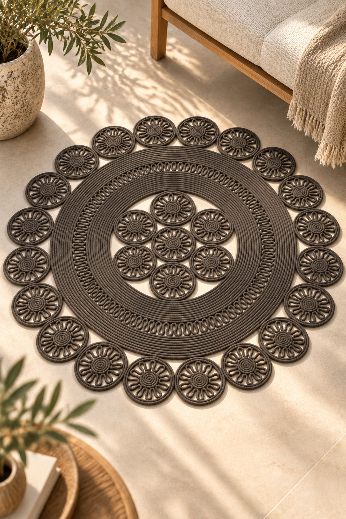 Velmira Hasır Jüt El İşçiliği Yuvarlak Kilim Halat Kilim – Dekoratif Örgü Motifli, Modern Bohem Tasarım, Salon, Oturma Odası, Antre, Yatak Odası ve Ev Dekorasyonu İçin Şık Kilim - Görsel 57